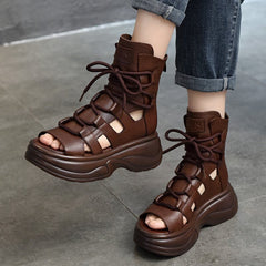 Genuine Chunky Sandals Lace Up Retro Peep Toe Gladiator Sandals