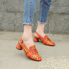 Bequeme echte Pumps Slingback Cut Out Chunky Sandalen Orange/Grau