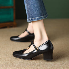 Round Toe T Strap Mary Jane Shoes 50mm Block Heel Retro Style