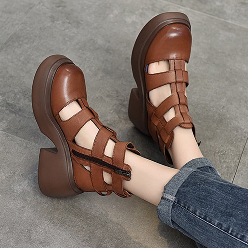 Woven Platform Gladiator Sandals with Side Zipper