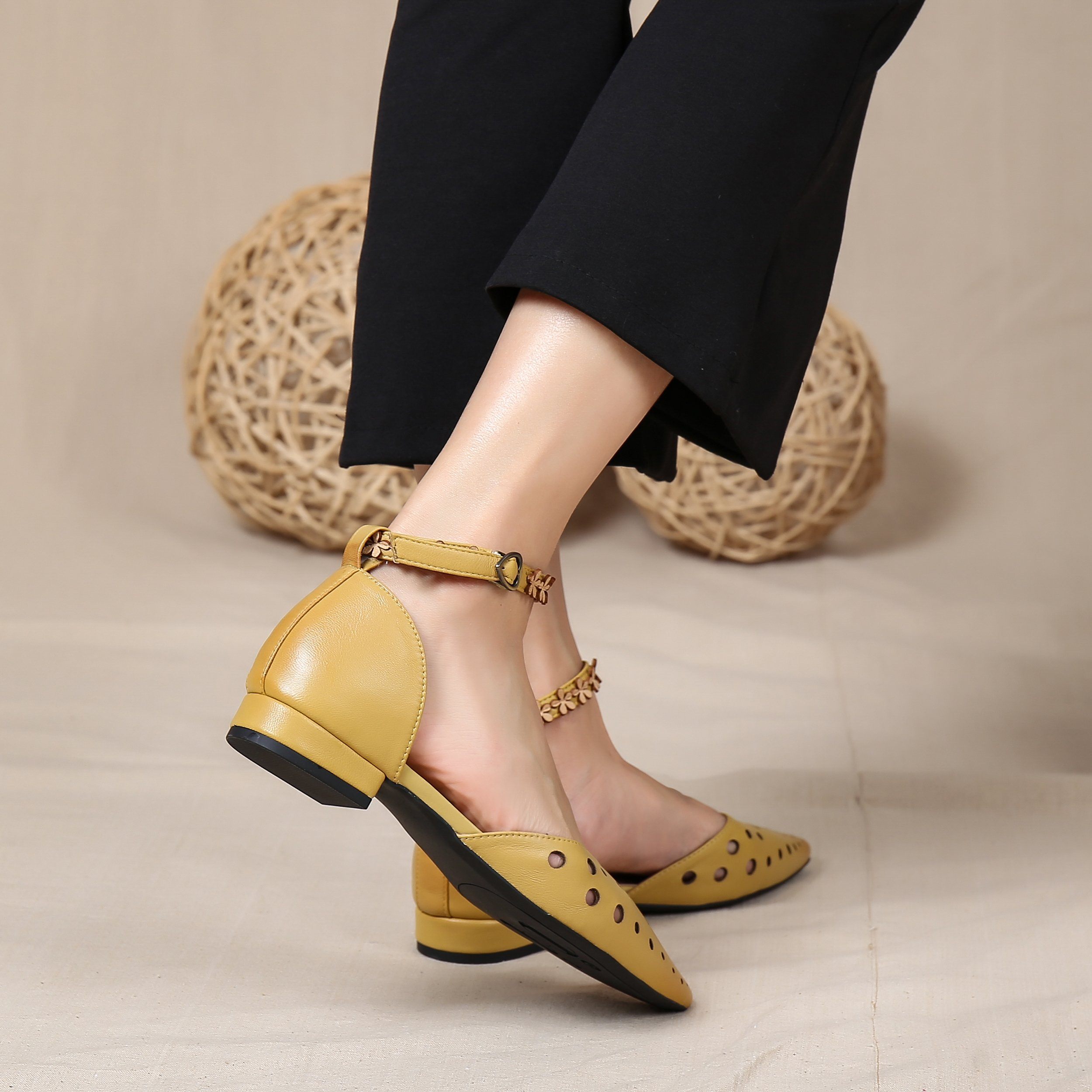 Handmade Flat Sandals Genuine Hollow Out Pointed Toe Buckle Strap Ladies Summer Shoes