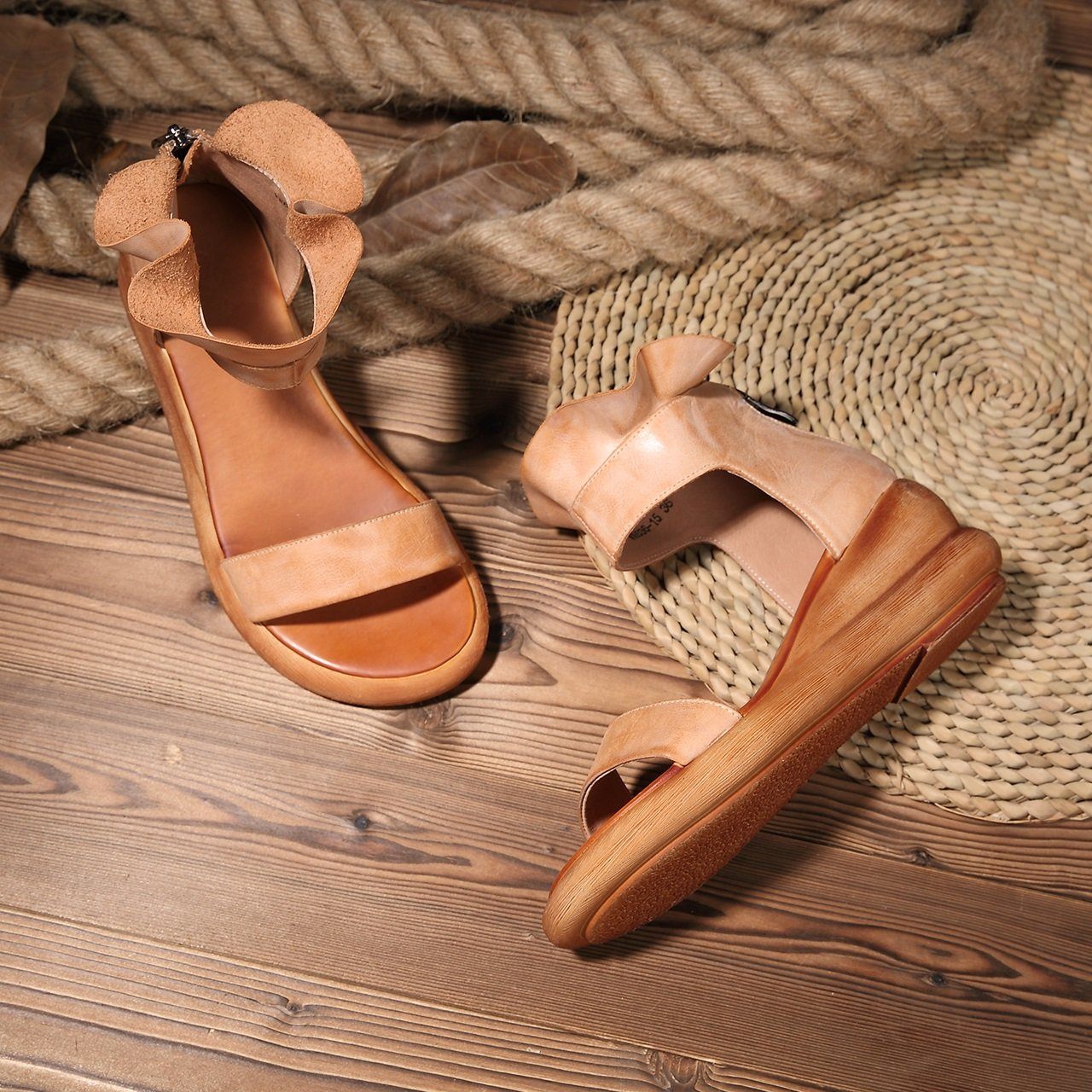 Wedge Sandals Soft Full Grain Wrap Ankle Zip Up Summer Sandals