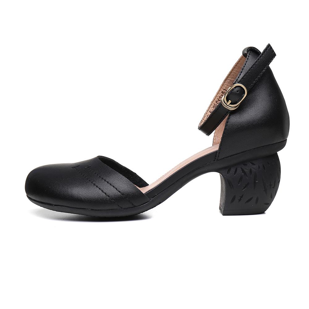 Handmade Pumps Mid Heel Mary Jane Sandalss Round Toe  Retro Buckle Sandals Black/Beige