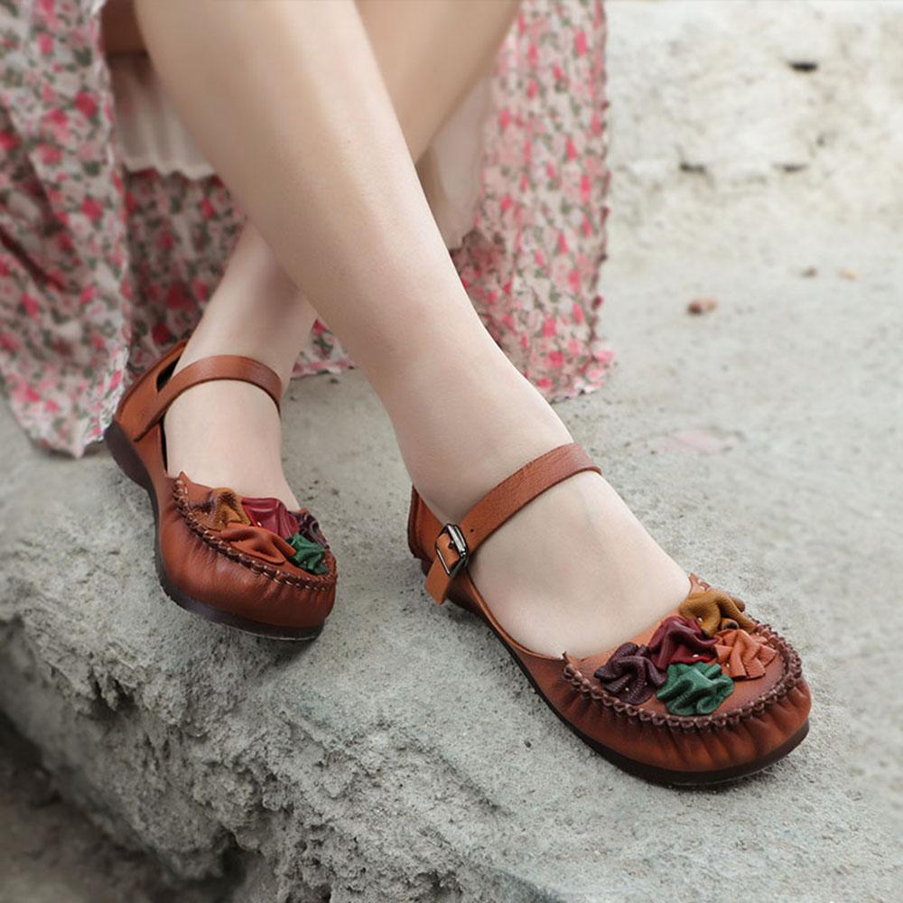 Handmade Mary Jane Shoess Round Toe Retro Flat Sandals Green/Brown