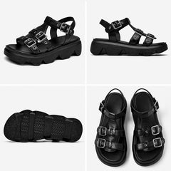 Chunky Sandals Gladiator Cow Multi Buckles Ankle Strap Platform Ladies Casual Shoes