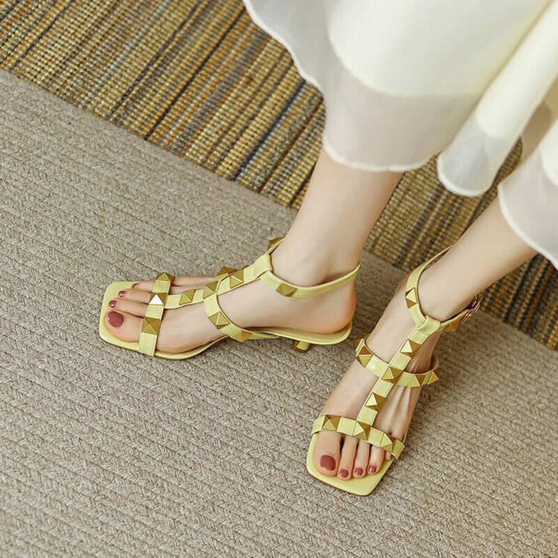 Sheepskin Rivet 55mm Kitty Heel Gladiator Sandals