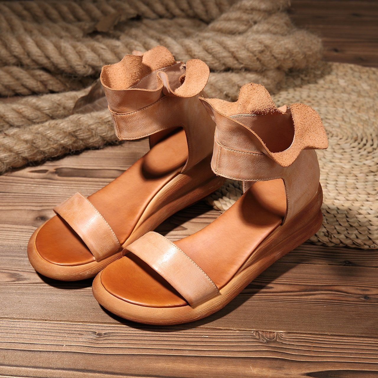 Wedge Sandals Soft Full Grain Wrap Ankle Zip Up Summer Sandals