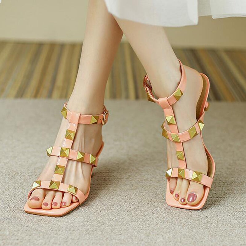 Sheepskin Rivet 55mm Kitty Heel Gladiator Sandals