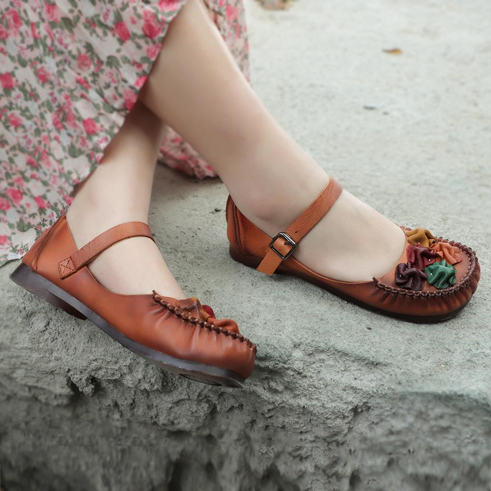 Handmade Mary Jane Shoess Round Toe Retro Flat Sandals Green/Brown