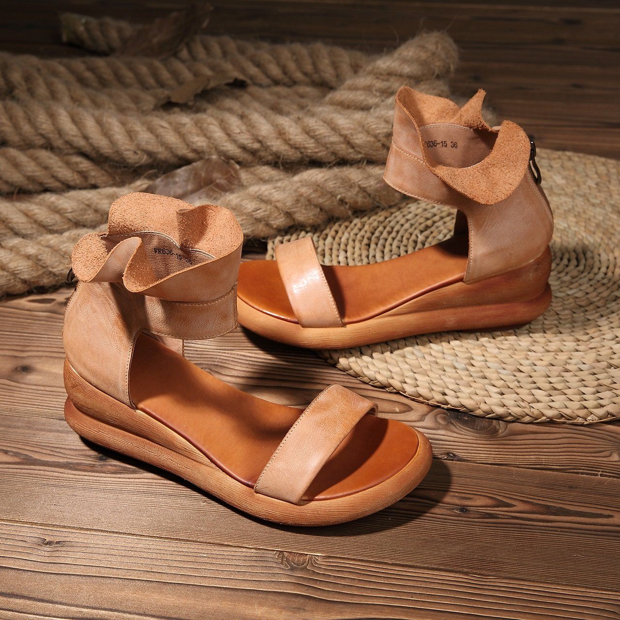 Wedge Sandals Soft Full Grain Wrap Ankle Zip Up Summer Sandals