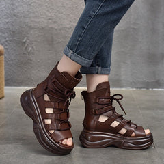 Genuine Chunky Sandals Lace Up Retro Peep Toe Gladiator Sandals