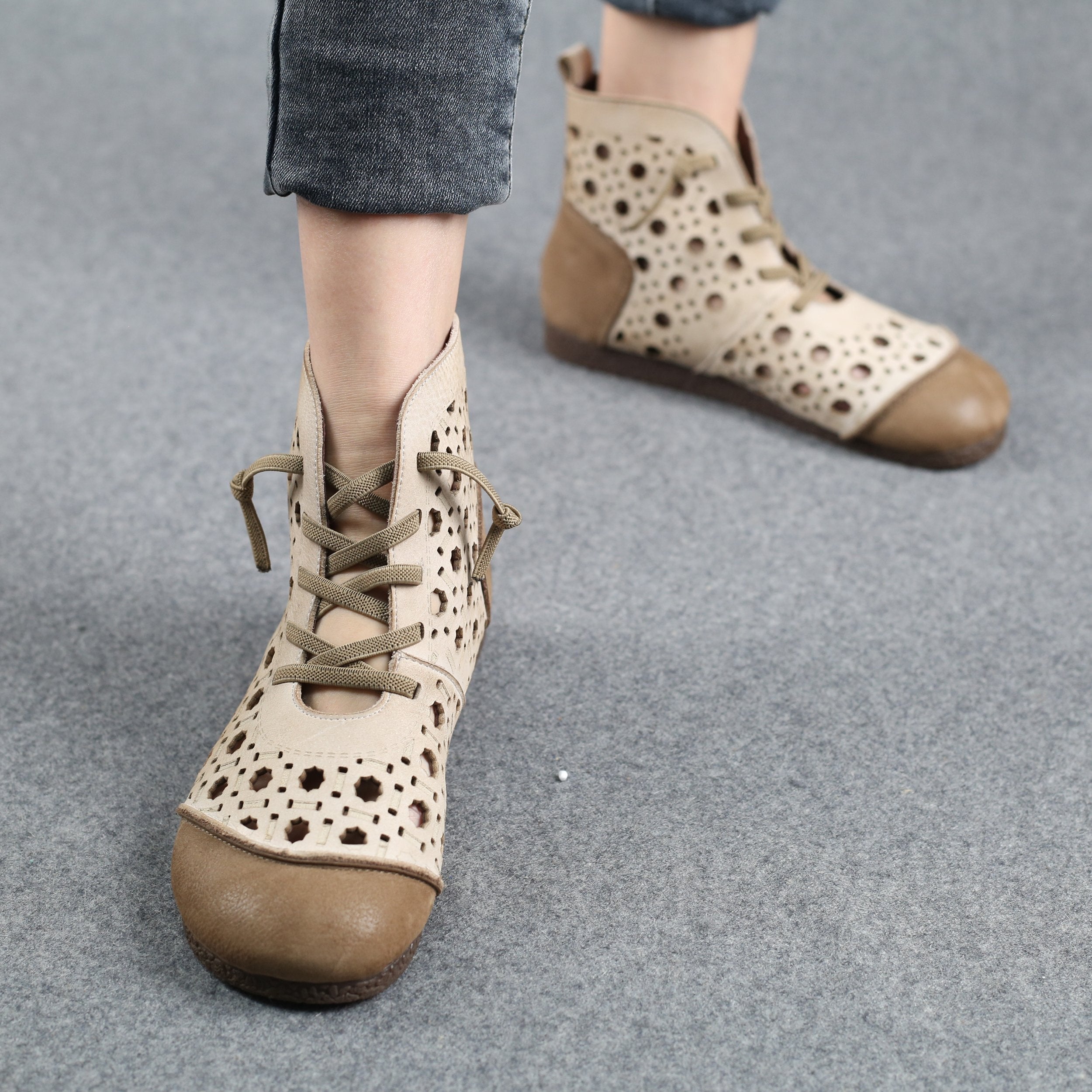 Cut Out Summer Boots Breathable Hollowed Lace Up Ankle Booties Beige/Coffee