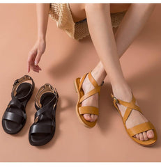 Flat Sandals Genuine Calfskin Cross-Strap Rome Style High Quality Summer Ladies Shoes