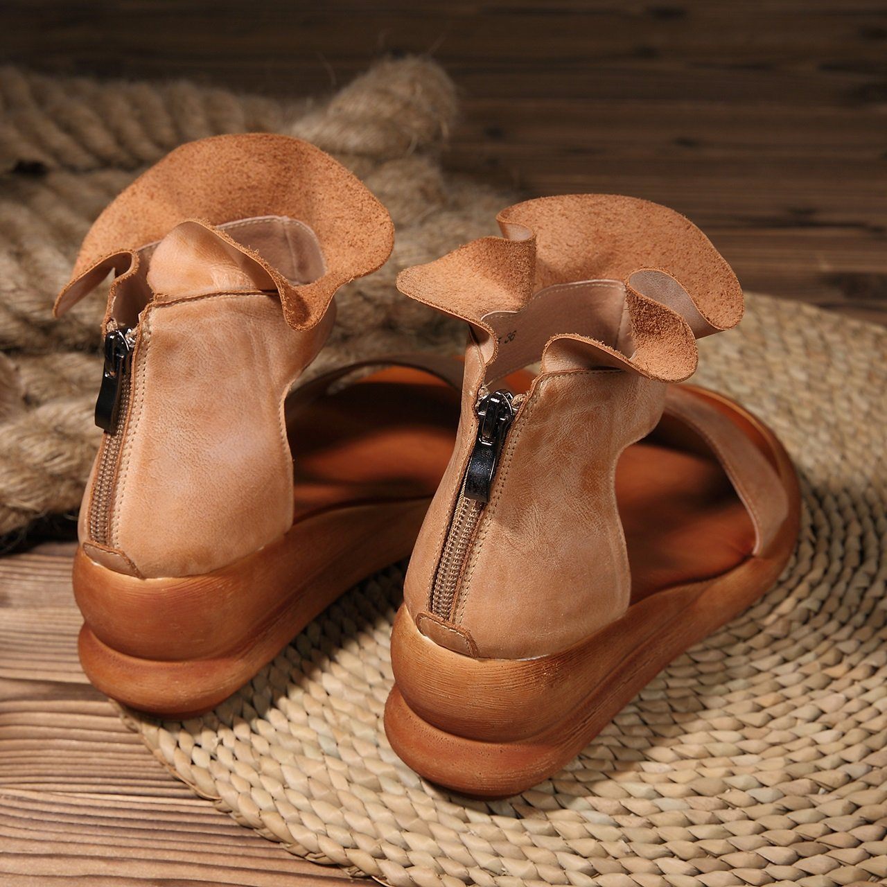 Wedge Sandals Soft Full Grain Wrap Ankle Zip Up Summer Sandals