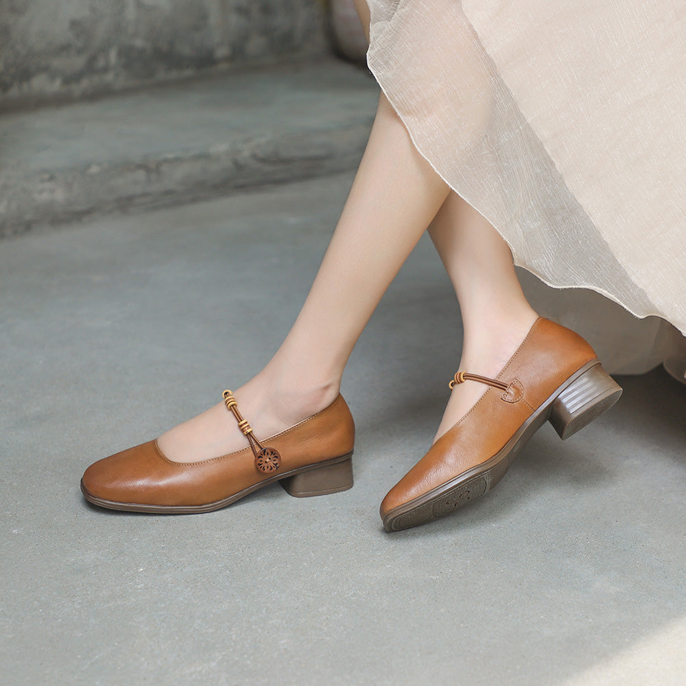 Genuine Square Toe Block Heels Mary Jane Designer Shoes Coffee/Brown