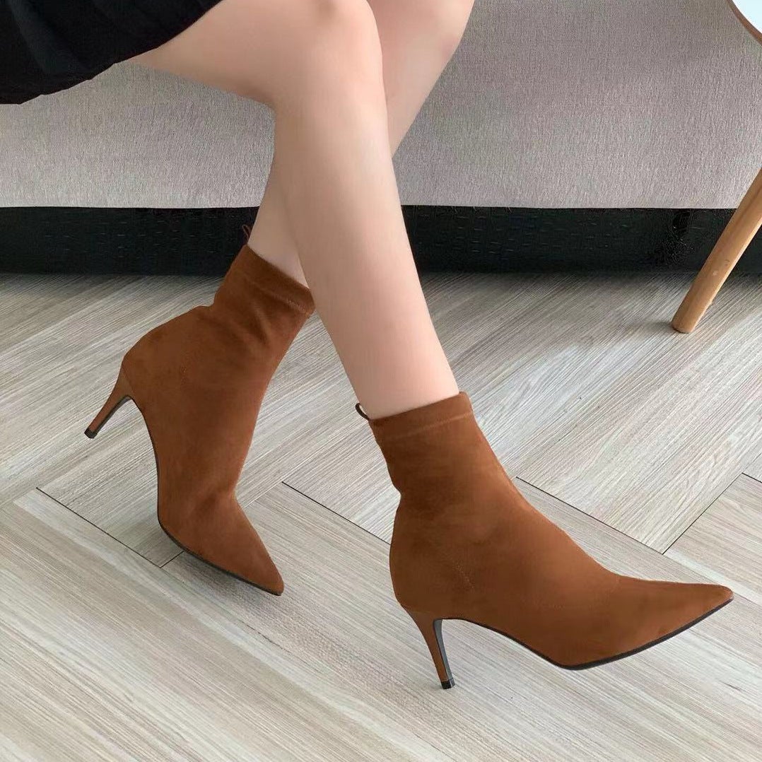 Classic Point Toe Sock Boots High Heel Stretch Boots Elastic Suede