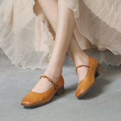 Genuine Square Toe Block Heels Mary Jane Designer Shoes Coffee/Brown