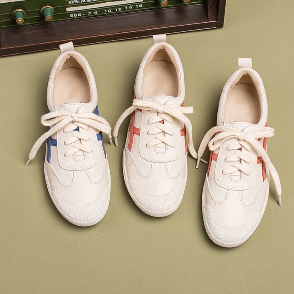 Handmade Soft white shoes Lace up Sneakers Designer Shoes Blue Strips /Red Strips