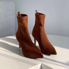 Classic Point Toe Sock Boots High Heel Stretch Boots Elastic Suede