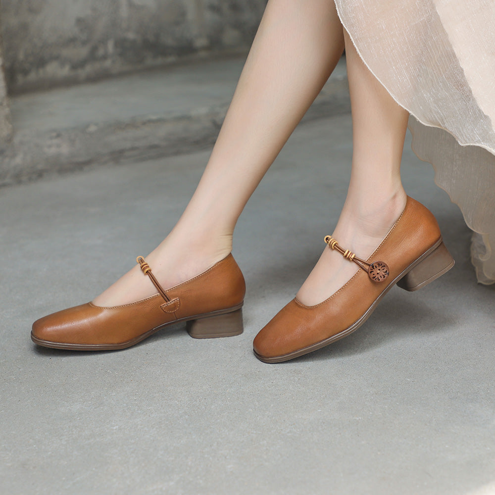 Genuine Square Toe Block Heels Mary Jane Designer Shoes Coffee/Brown