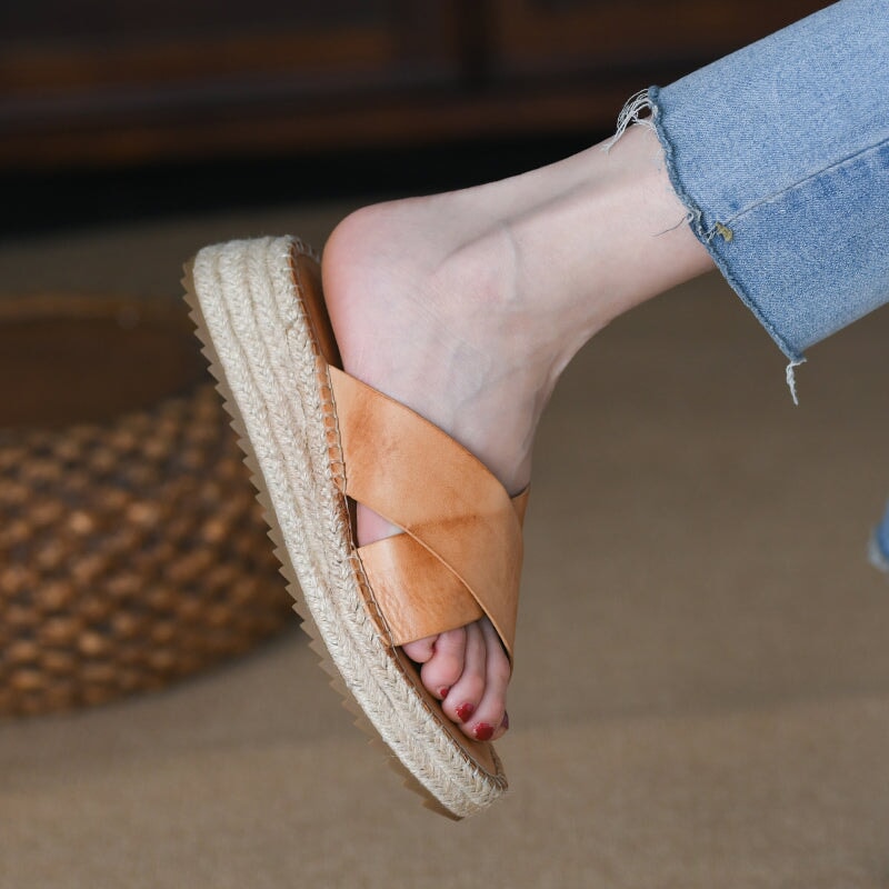 Sandalias con tiras en X hechas a mano, pantuflas casuales suaves y cómodas