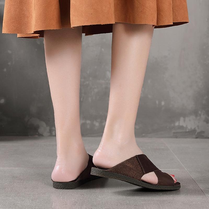 Handmade Cowhide Sandals Soft Comfy Casual Slippers Coffee/Apricot