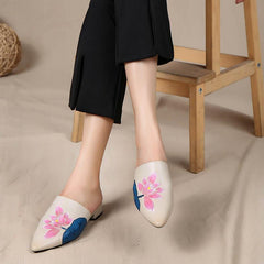 Handmade Retro Painted Lotus Slippers Pointed Toe Mules