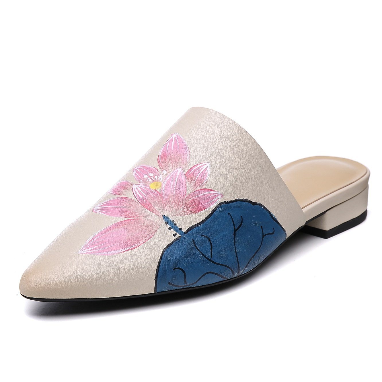 Handmade Retro Painted Lotus Slippers Pointed Toe Mules