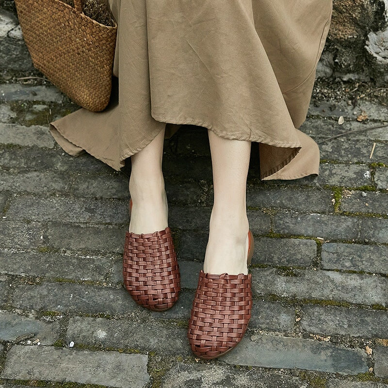 Pantuflas tejidas, mulas de tacón de bloque, pantuflas de verano