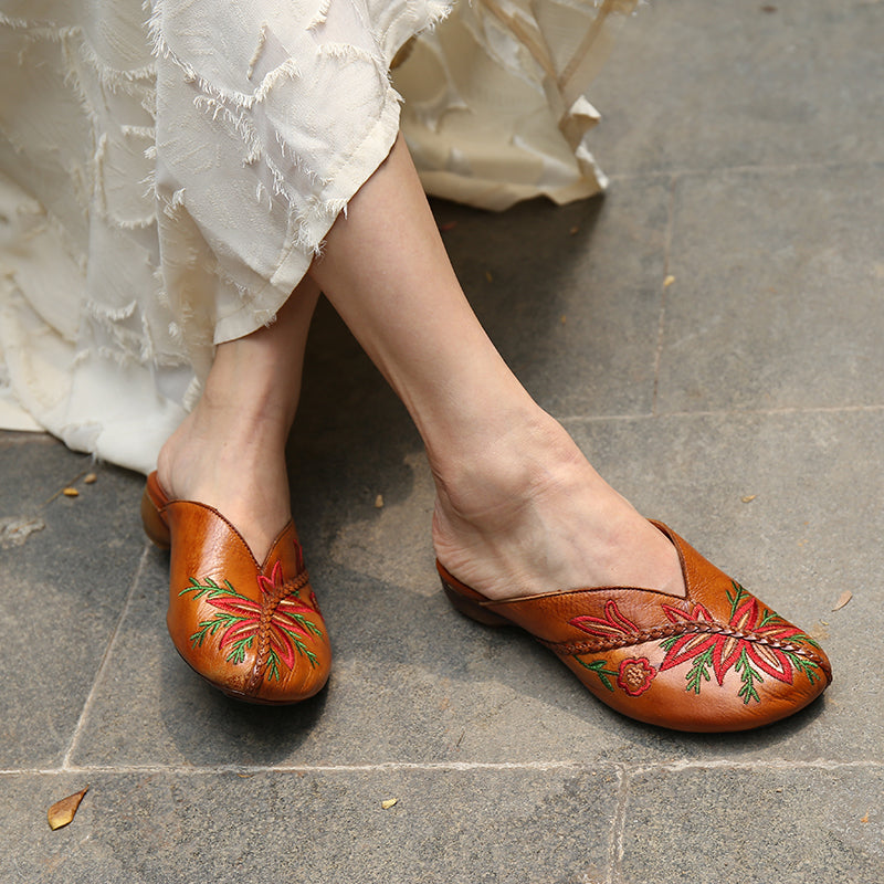 Handmade's Slippers Embroidery Flowers Flats Loafers Grey/Camel
