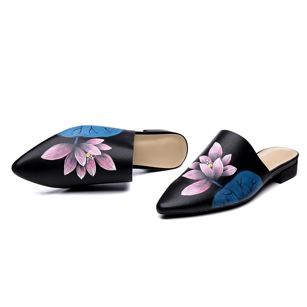 Handmade Retro Painted Lotus Slippers Pointed Toe Mules