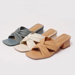 Square Toe Slide Sandals Chunky Mid Heel