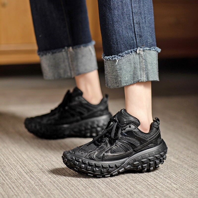 and Mesh Platform Sneakers Tire-sole Low-top Lace Up