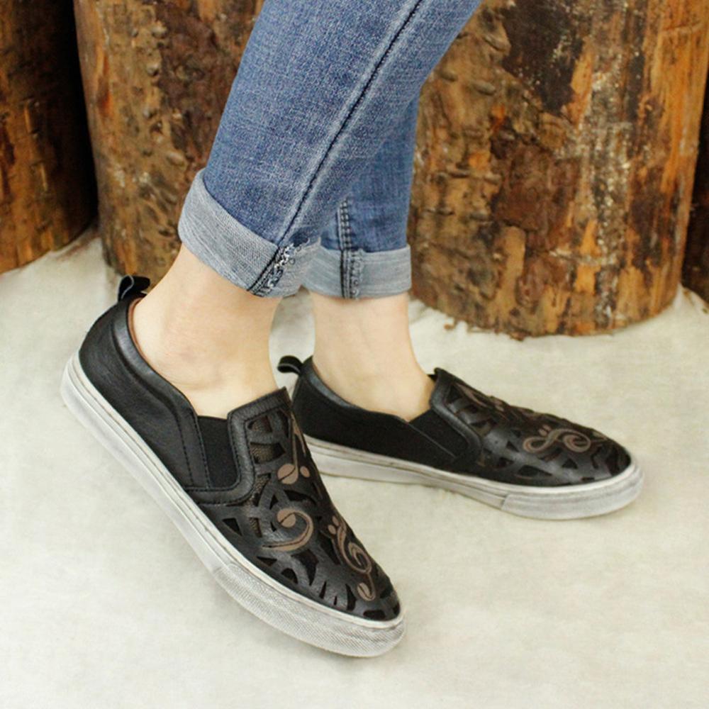 Hand-Printing Sneakers Calf Low Wedge Walking Shoes Flats Black/Khaki