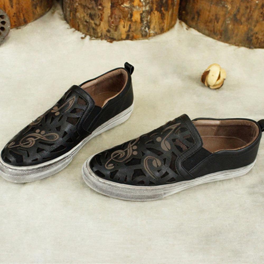 Hand-Printing Sneakers Calf Low Wedge Walking Shoes Flats Black/Khaki