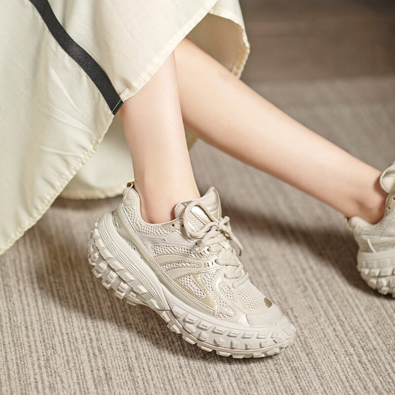 and Mesh Platform Sneakers Tire-sole Low-top Lace Up