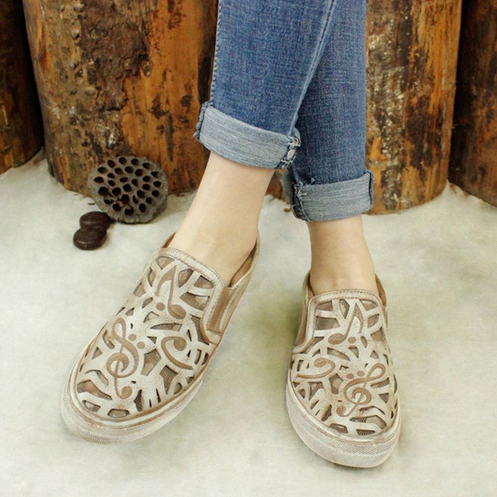 Hand-Printing Sneakers Calf Low Wedge Walking Shoes Flats Black/Khaki