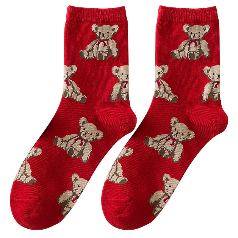 Medias de algodón retro de oso rojo hasta la pantorrilla, regalo de Navidad, serie 6 pares